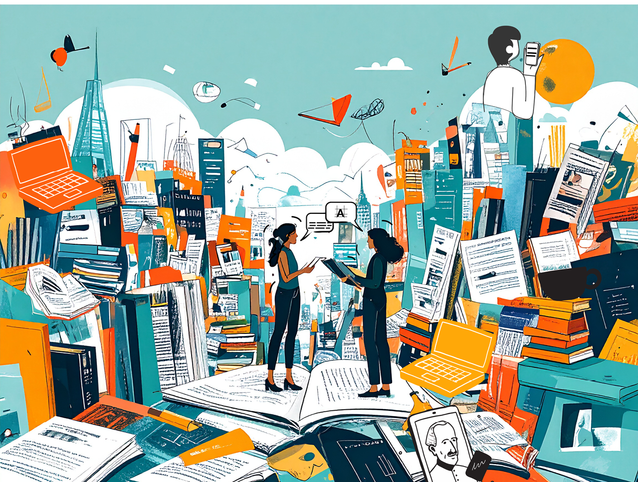 Eine Illustration im Hintergrund die eine Landschaft aus Publikationen, Digital und gedruckt zeigt.. In der Mitte stehen zwei Designer die ber die passende Umsetzung einens Magazin diksutieren